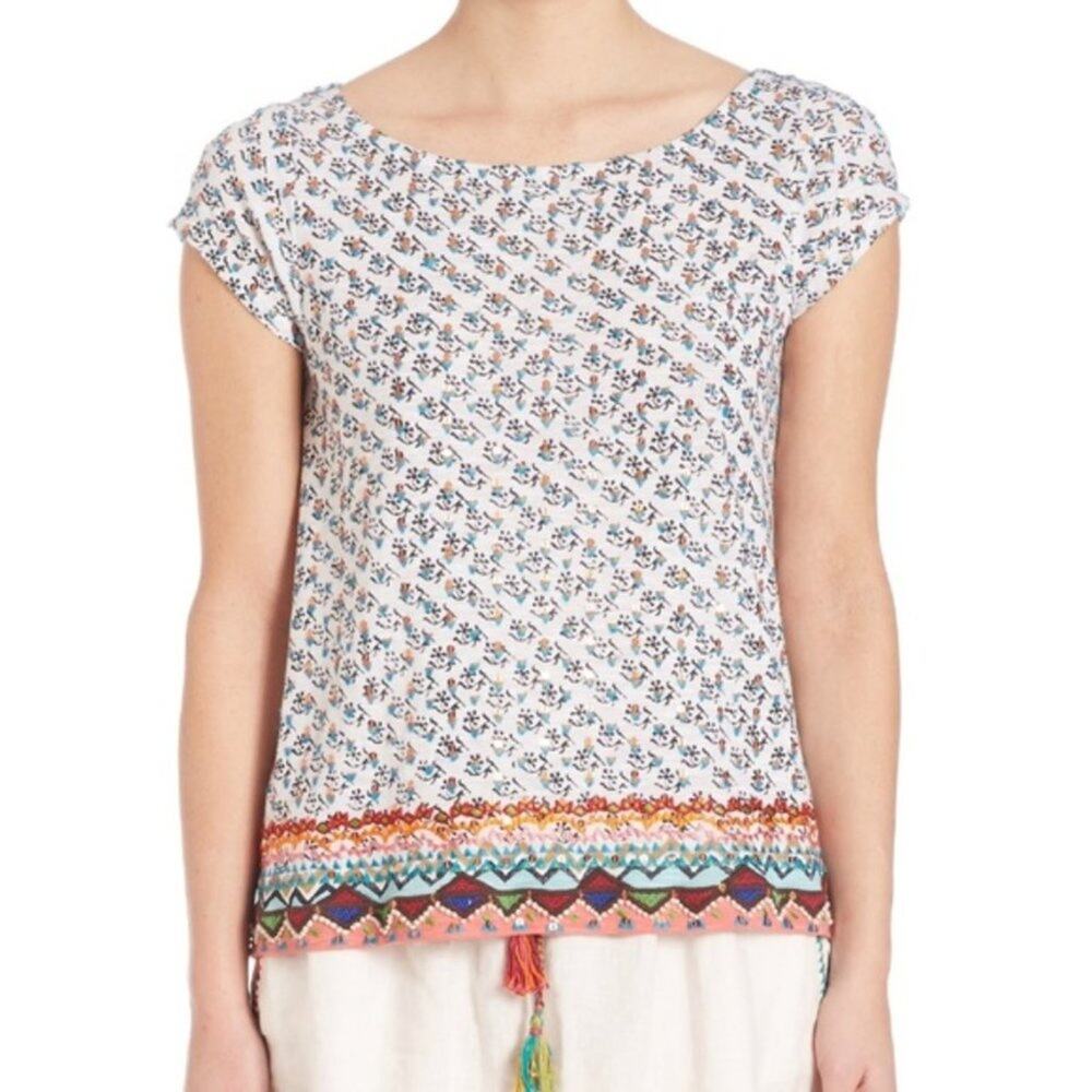 Calypso St. Barth Coconut Zahara Boho Sequined Embroidered Shirt Size XS